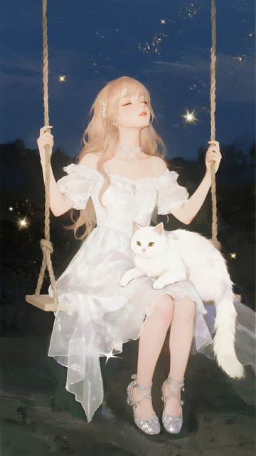 星夜中女孩与白猫荡秋千图