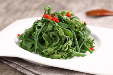 鲜嫩凉拌龙须菜摆盘中