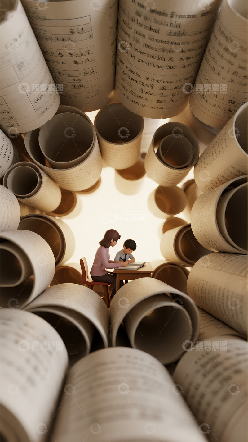 高清大图下载【趣麦麦图】书卷环绕下的学习场景图