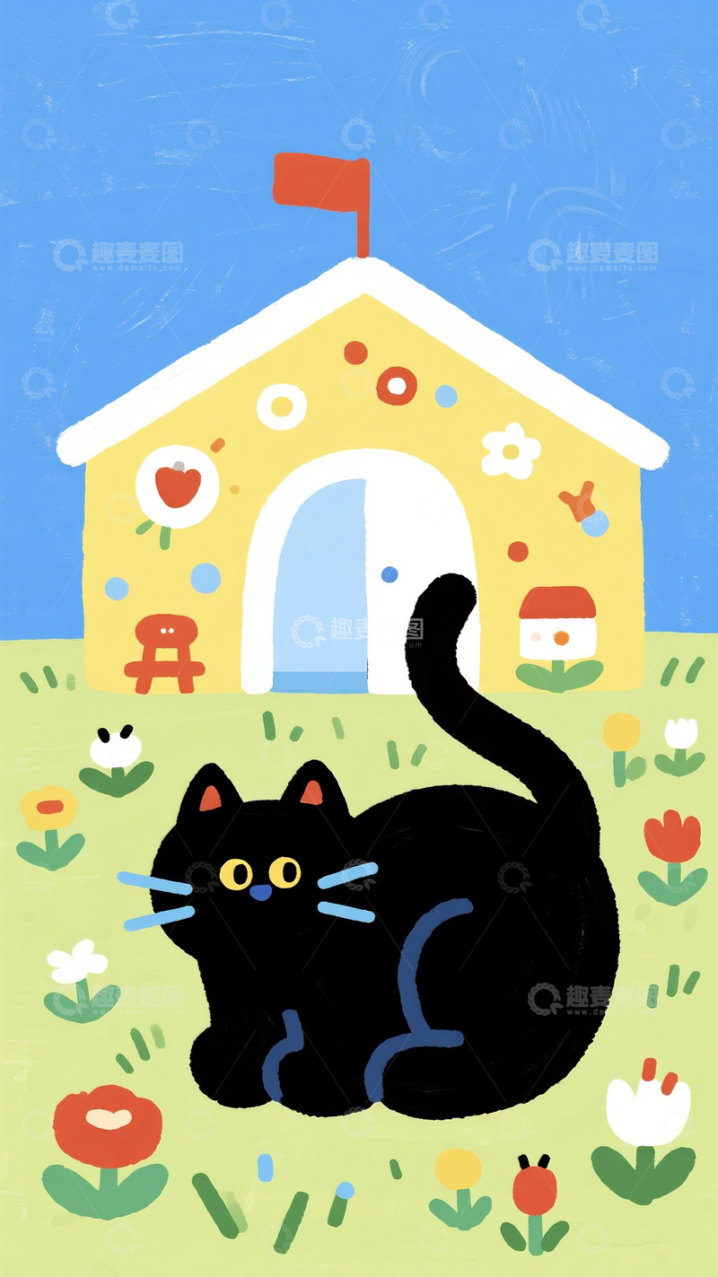 高清大图下载【趣麦麦图】小屋前可爱黑猫形象插画