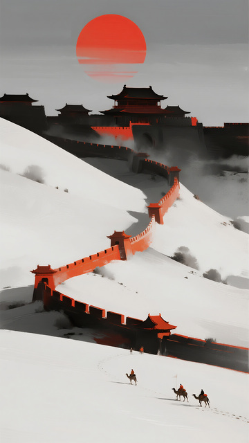 大漠红日下的古城艺术图