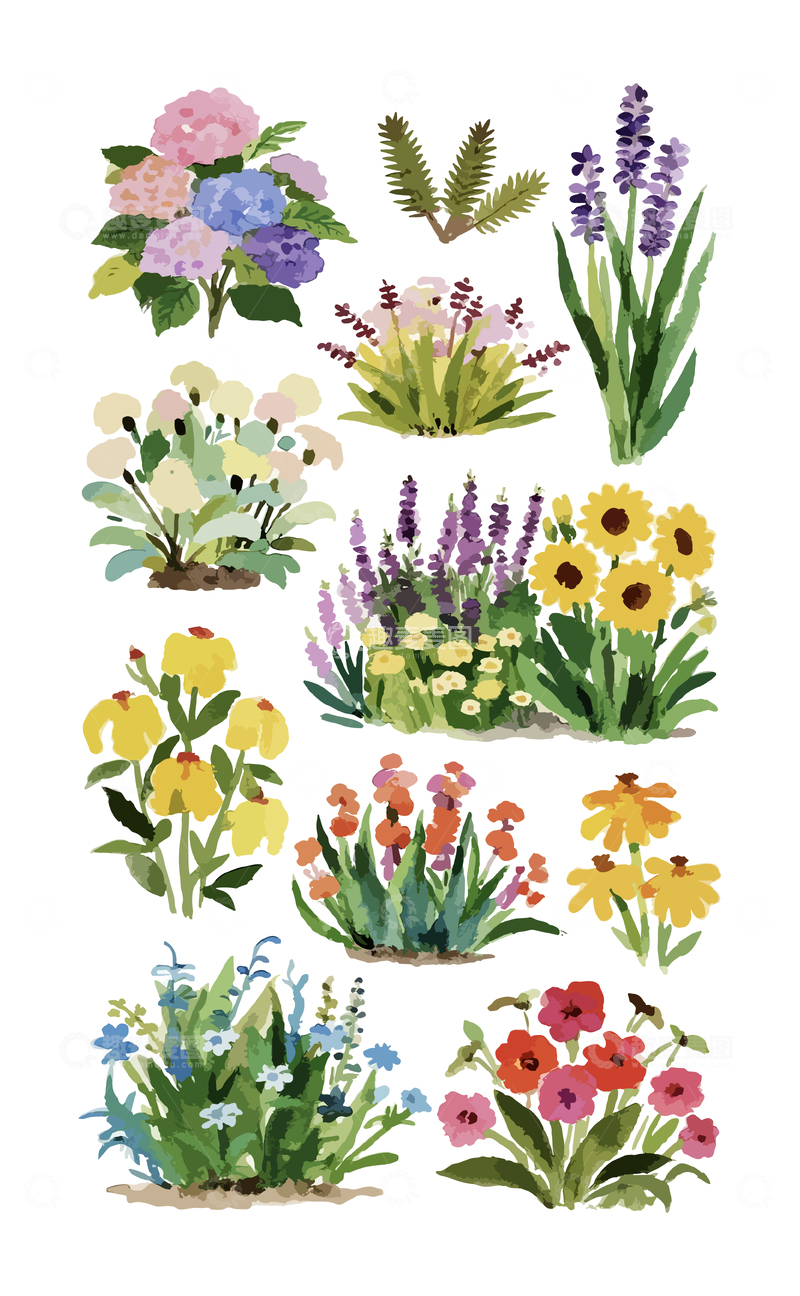 源文件下载【趣麦麦图】-花朵草丛水彩插画2