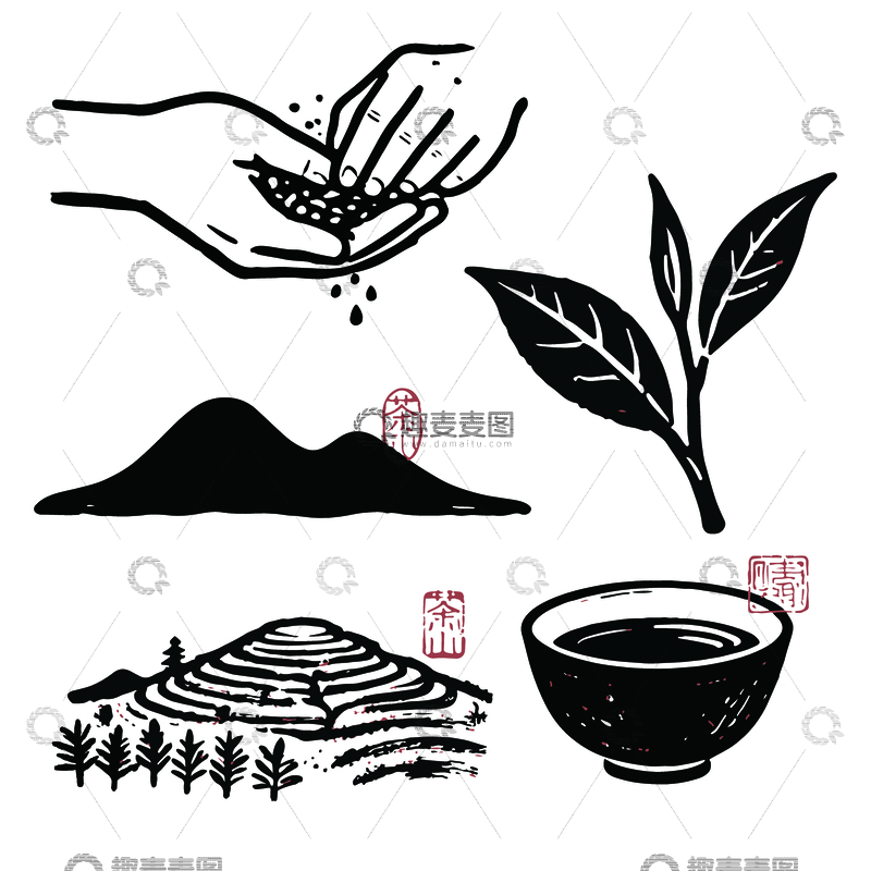 源文件下载【趣麦麦图】茶文化元素插画
