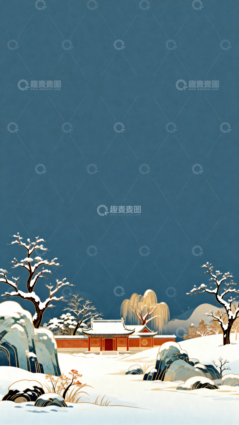 高清大图下载【趣麦麦图】国风国潮冬天景色背景1