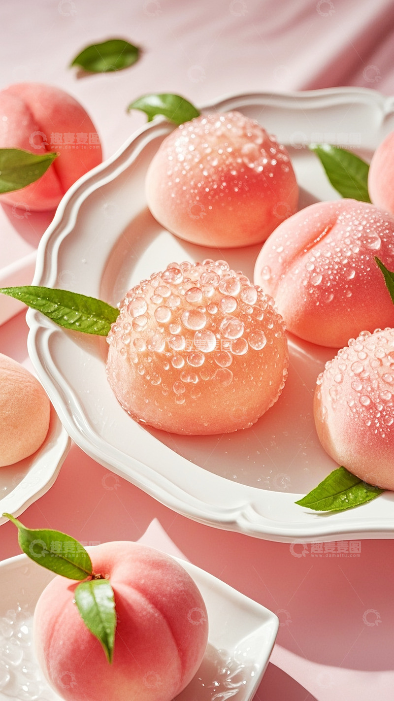 高清大图下载【趣麦麦图】晶莹剔透水晶质感粉色桃子1