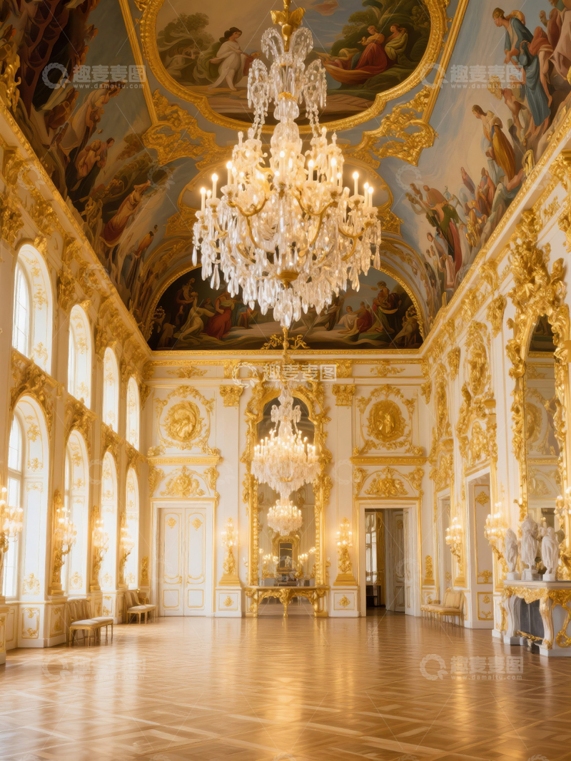 高清大图下载【趣麦麦图】华丽巴洛克风格金色室内大厅和吊灯
