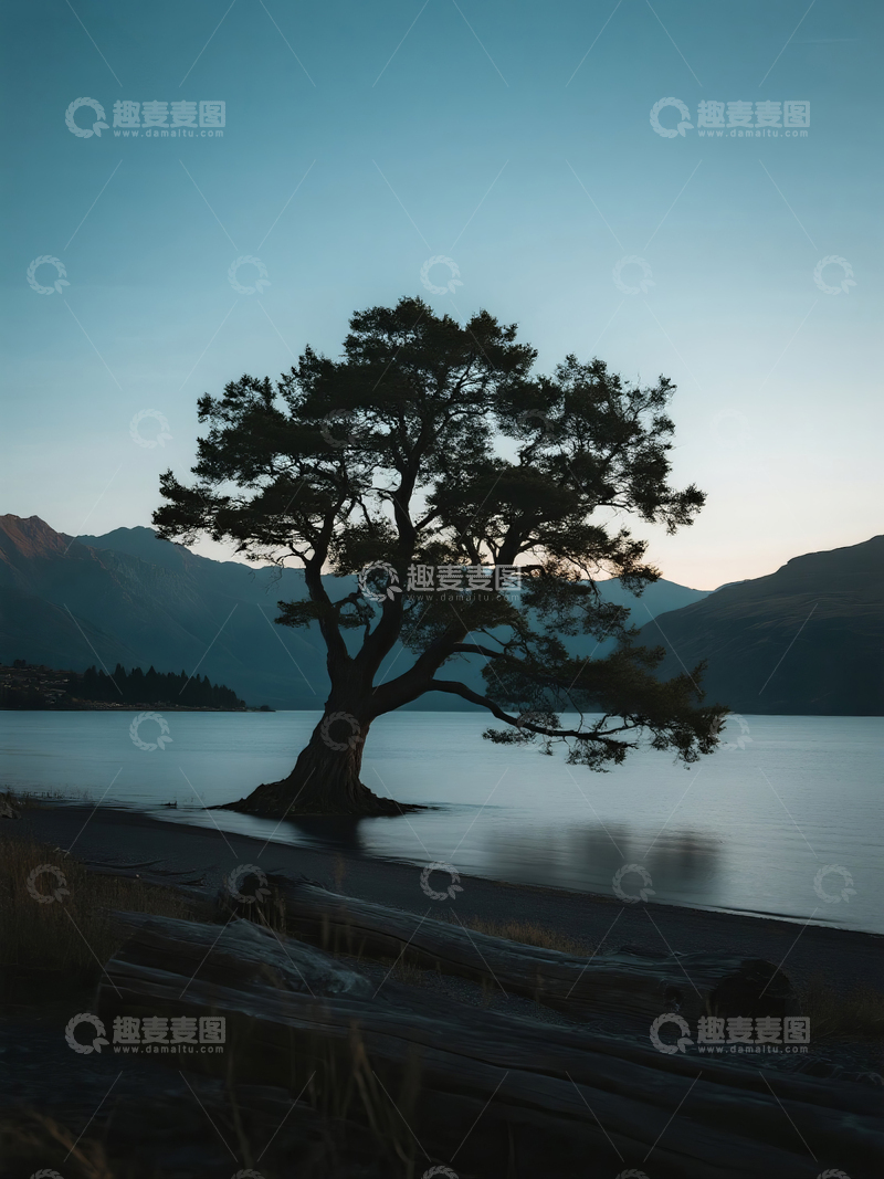 高清大图下载【趣麦麦图】湖畔孤树剪影