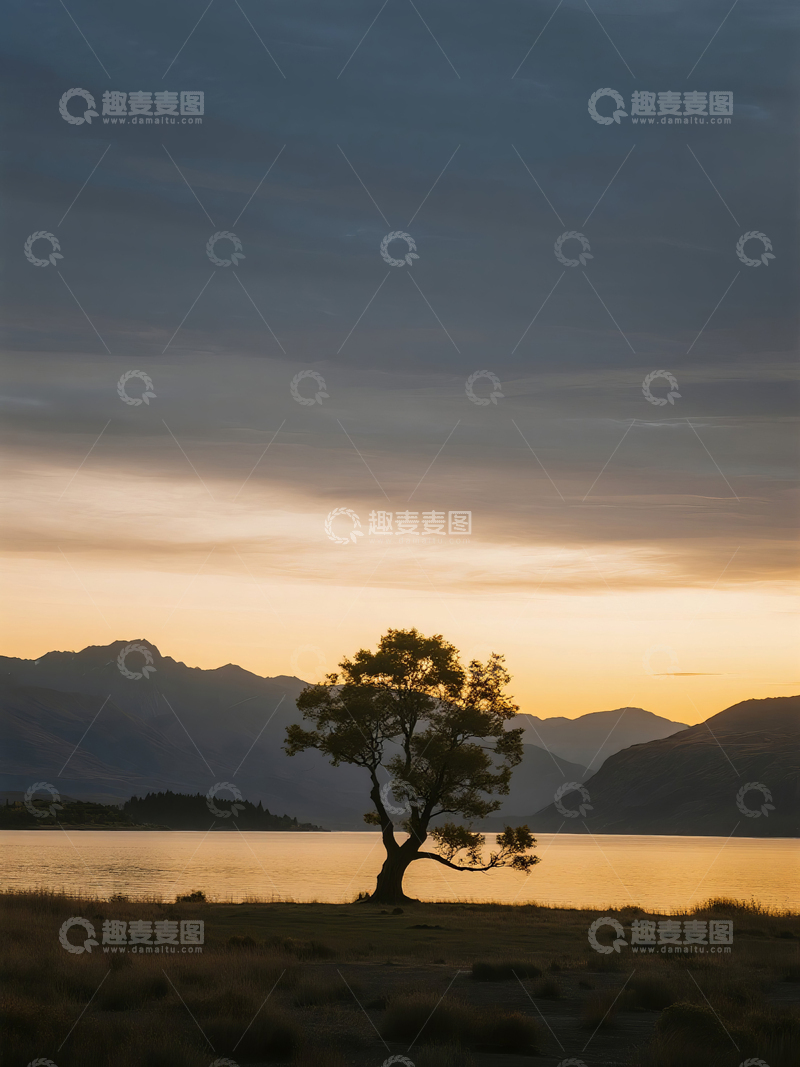 高清大图下载【趣麦麦图】湖畔孤树剪影摄影