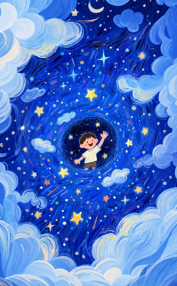 男孩星空云朵童话插画3