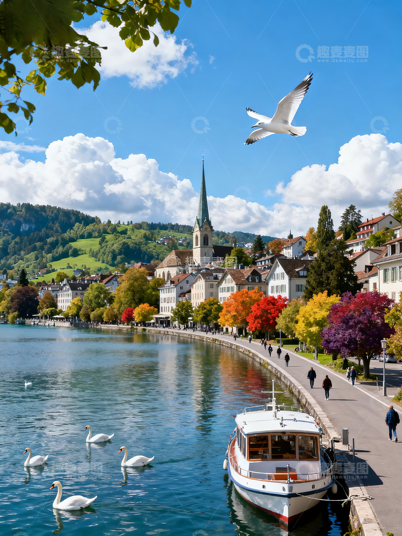 高清大图下载【趣麦麦图】湖畔小镇秋景和游船旅行摄影