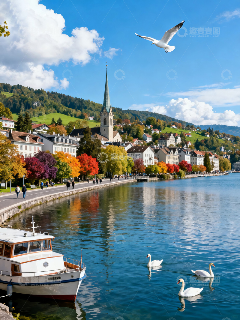 高清大图下载【趣麦麦图】湖畔小镇秋景与游船