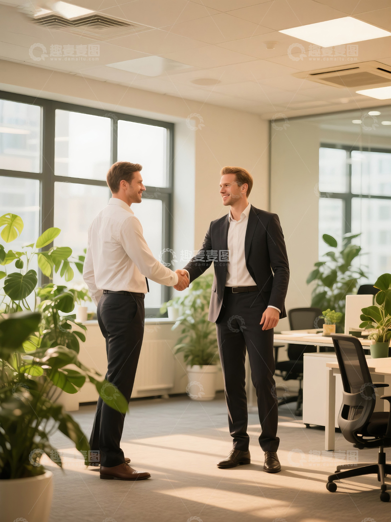 高清大图下载【趣麦麦图】两位男士在办公室握手合作