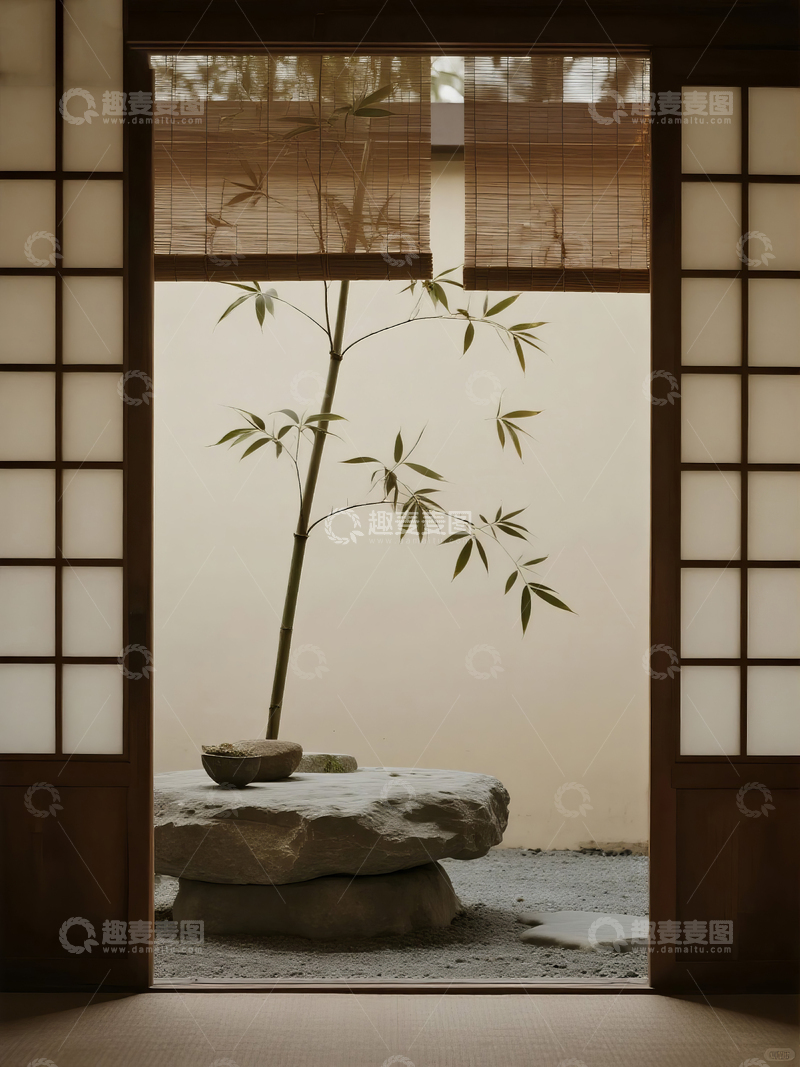 高清大图下载【趣麦麦图】日式庭院中的竹枝静物
