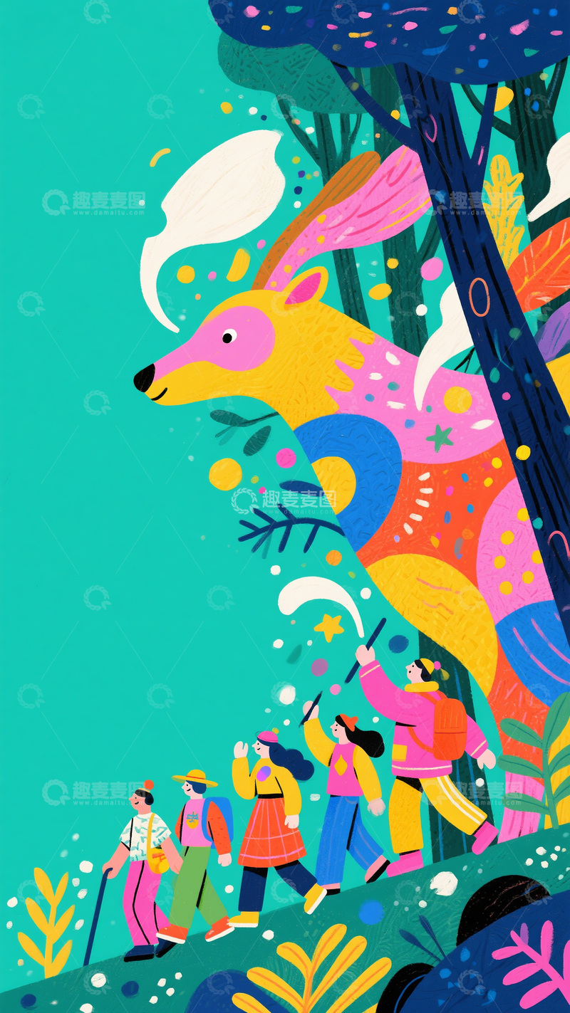 高清大图下载【趣麦麦图】-森林中人群与彩鹿同行图