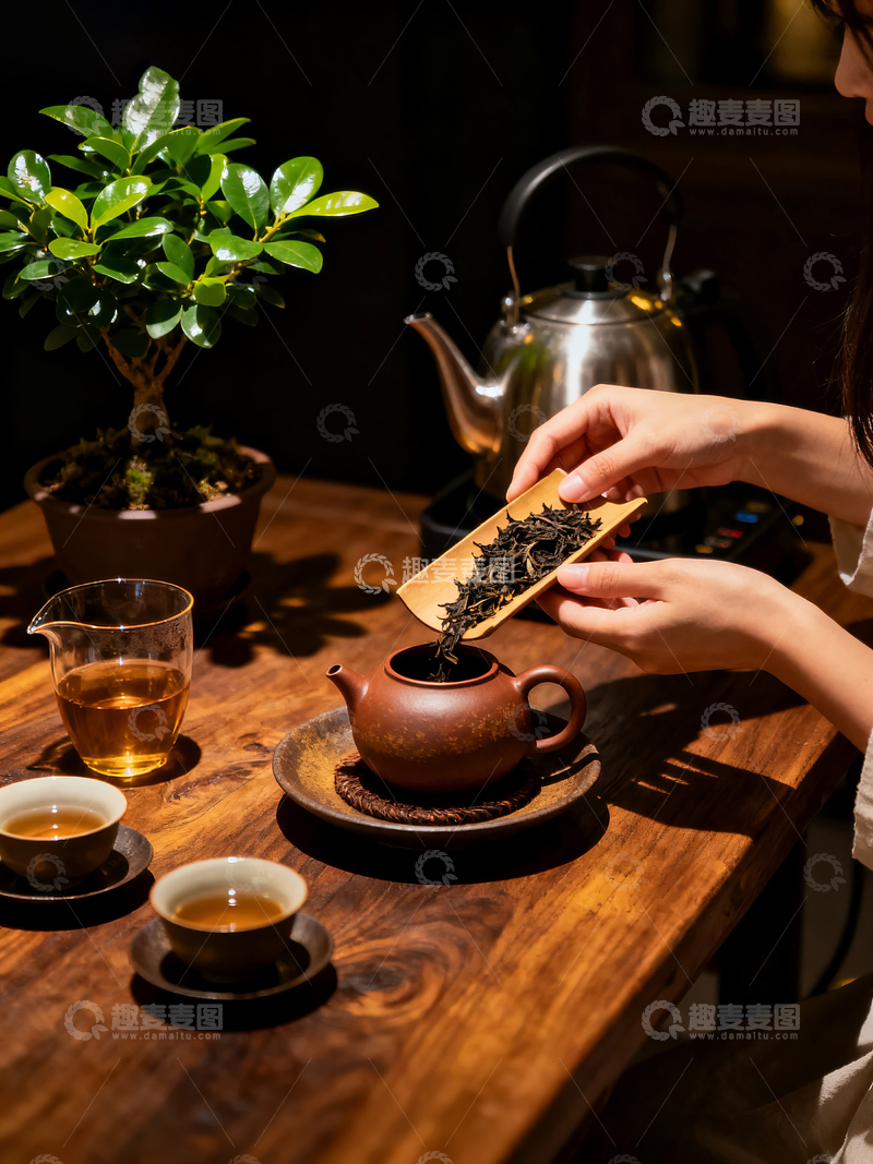 高清大图下载【趣麦麦图】泡茶场景，手正将茶叶放入紫砂壶