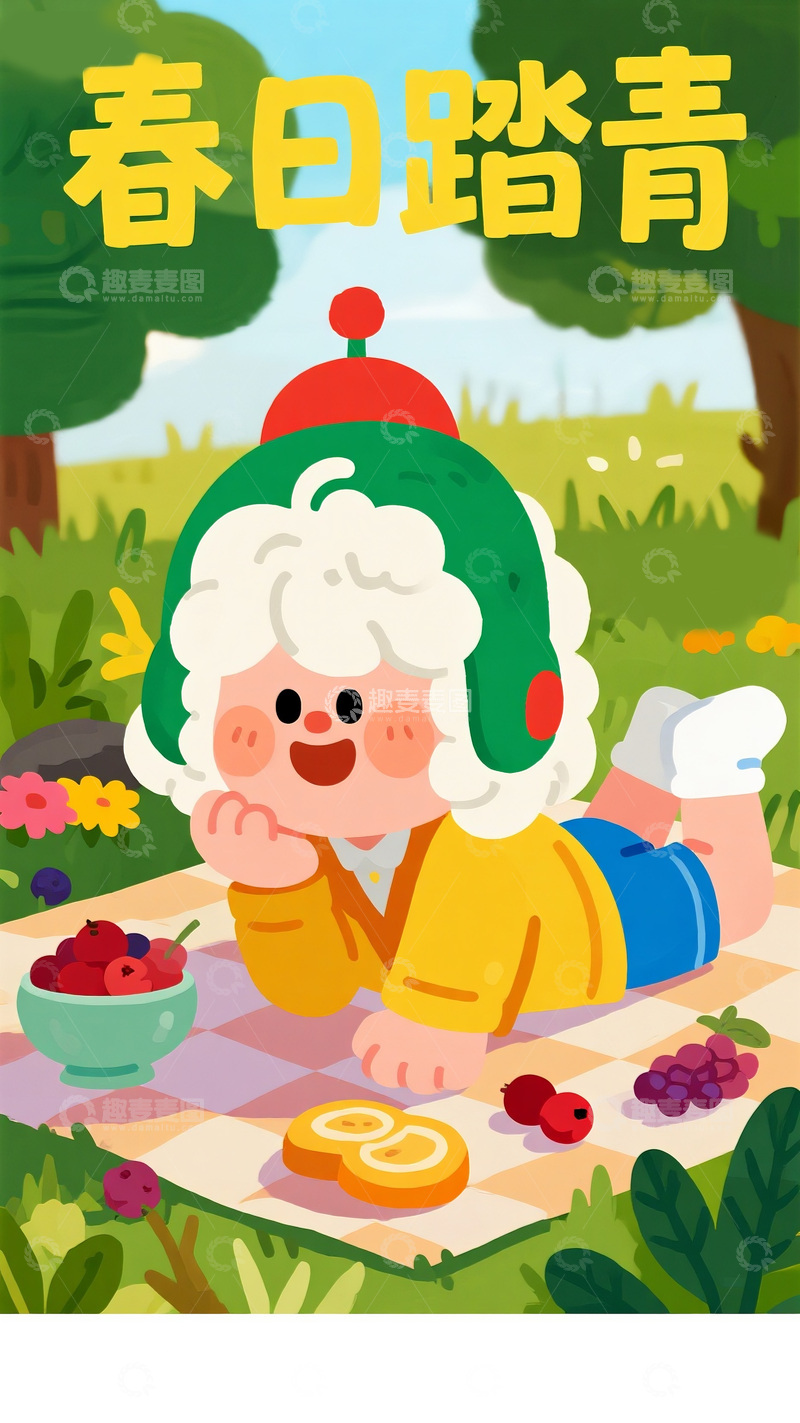 高清大图下载【趣麦麦图】春日郊外野餐的卡通人物图
