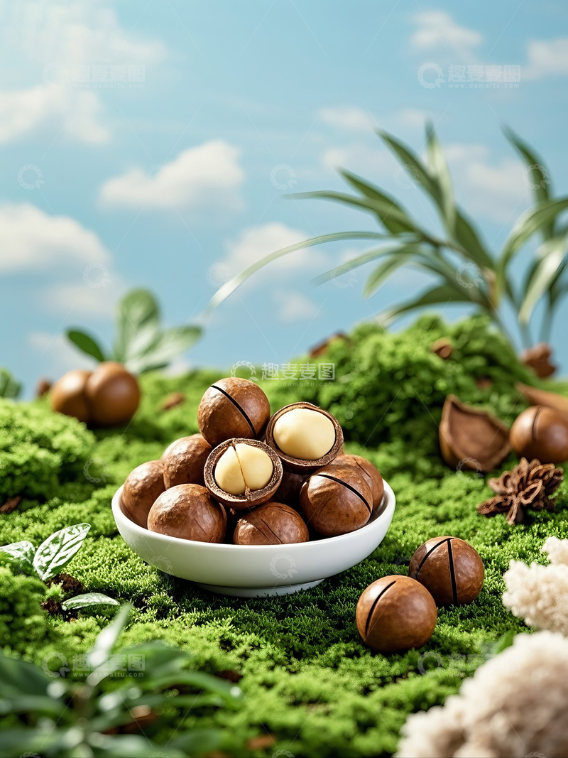 高清大图下载【趣麦麦图】碗中夏威夷果置于青苔之上