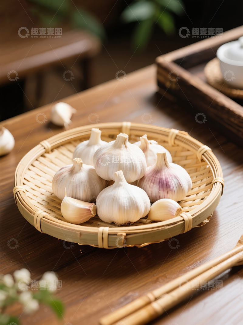高清大图下载【趣麦麦图】竹篮中的新鲜大蒜