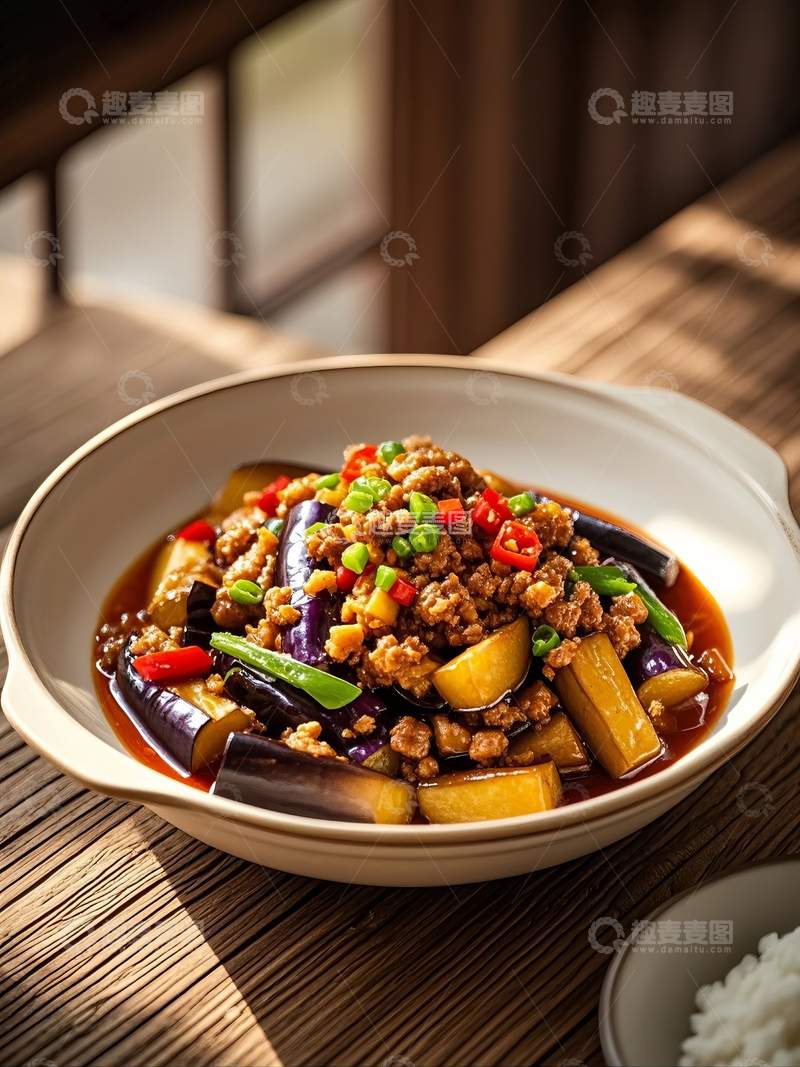高清大图下载【趣麦麦图】酱烧茄子肉沫在盘中
