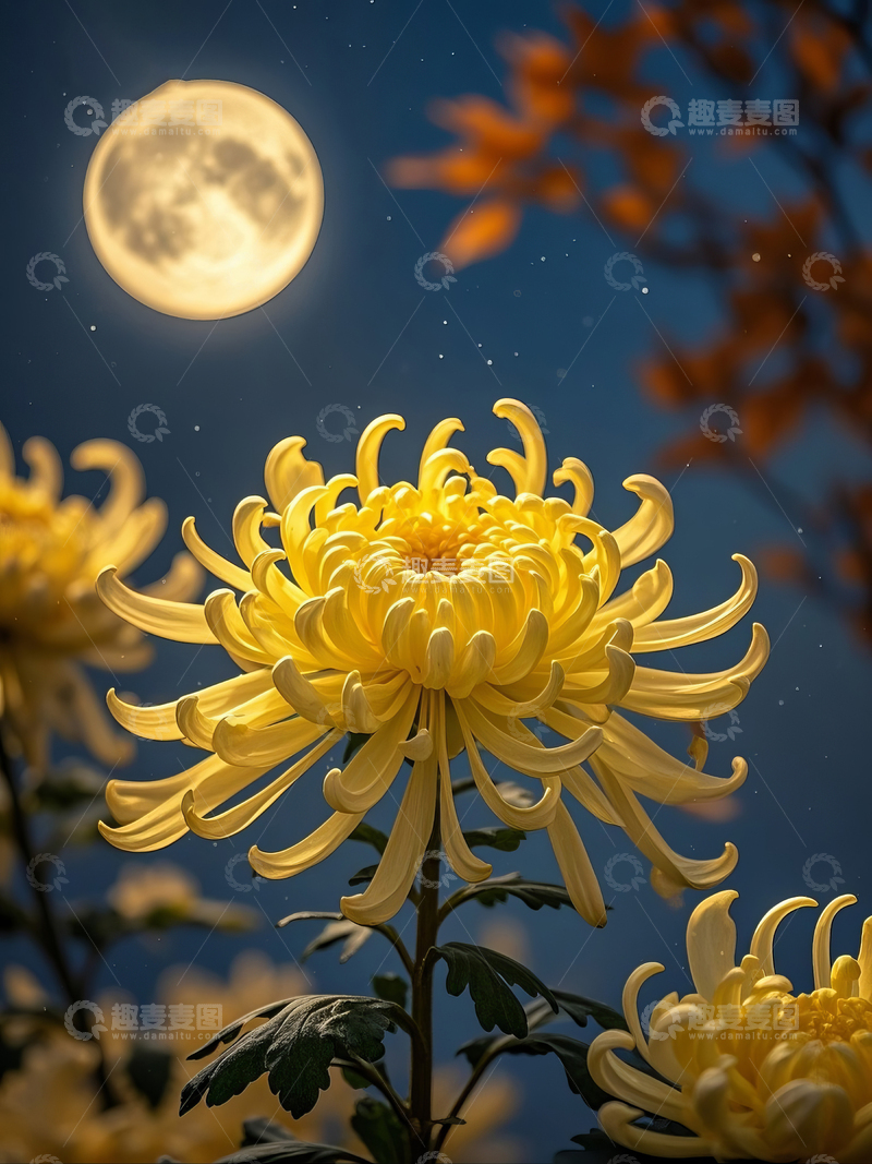 高清大图下载【趣麦麦图】月下黄色菊花绽放