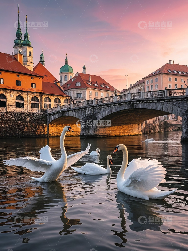 高清大图下载【趣麦麦图】欧洲河畔教堂与天鹅的景色