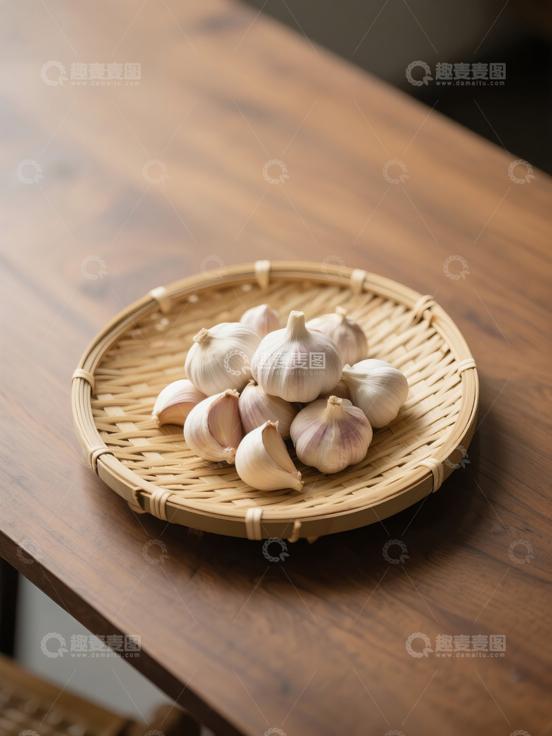 高清大图下载【趣麦麦图】餐桌竹篮中的新鲜大蒜