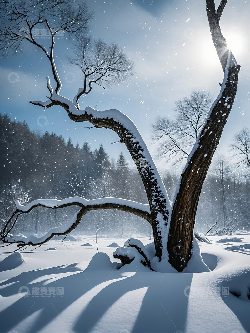 高清大图下载【趣麦麦图】雪地孤树雪花飘落的雪地景象