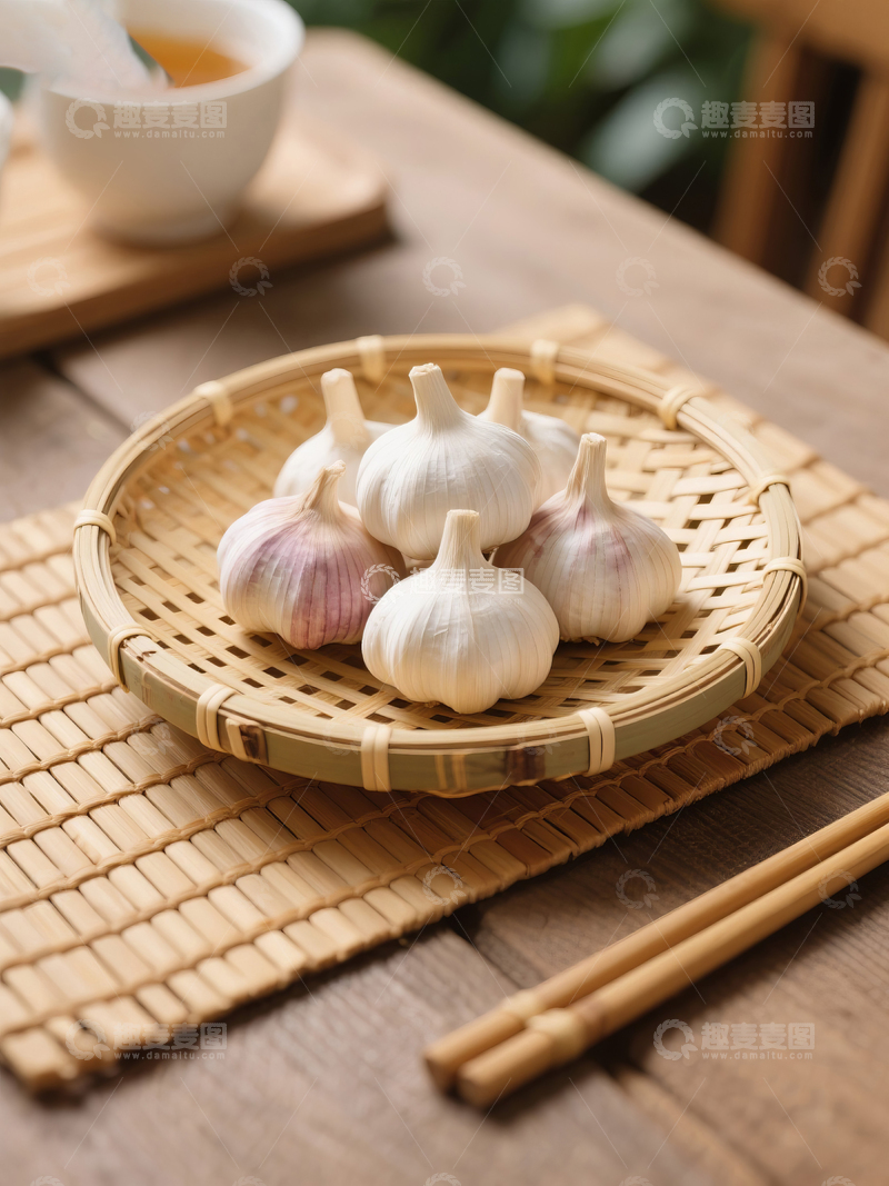 高清大图下载【趣麦麦图】餐桌竹篮里的新鲜大蒜