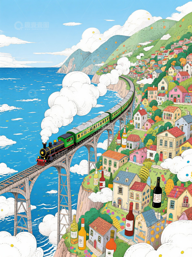 高清大图下载【趣麦麦图】山间小镇 蓝天白云 绿皮火车