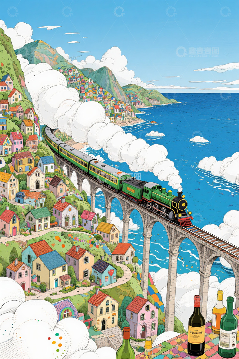 高清大图下载【趣麦麦图】山间小镇 蓝天白云 绿皮火车