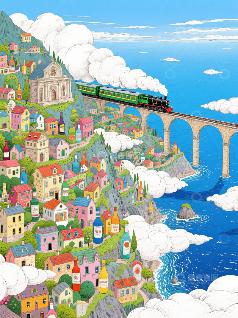 高清大图下载【趣麦麦图】山间小镇 蓝天白云 绿皮火车