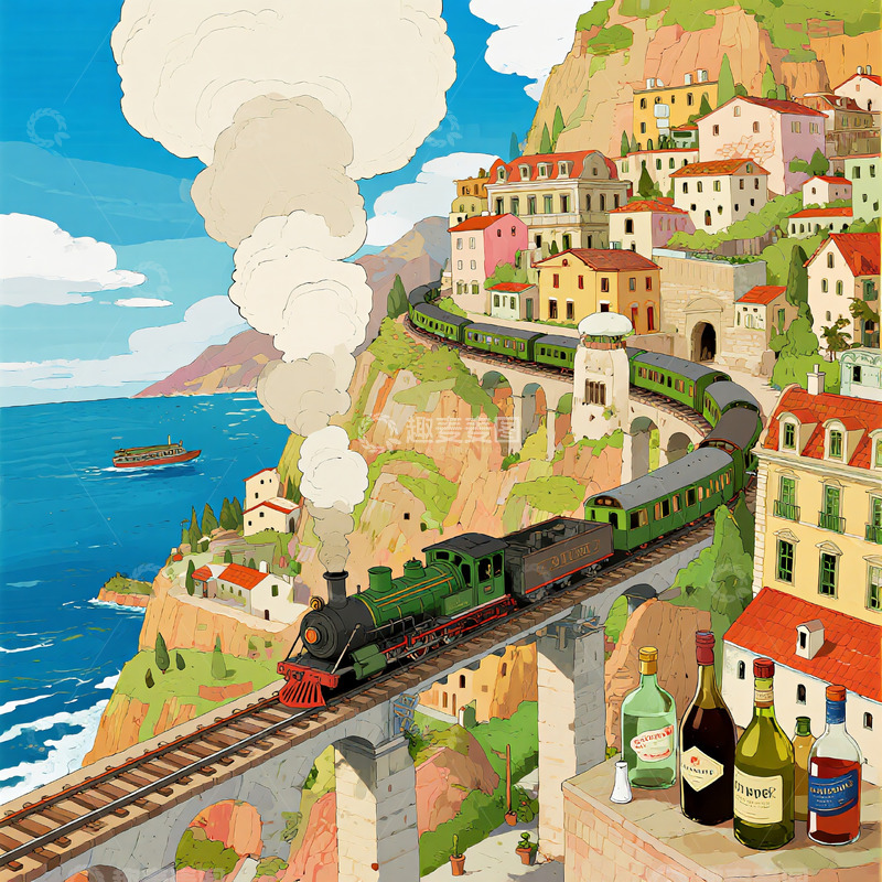 高清大图下载【趣麦麦图】山间小镇 蓝天白云 绿皮火车