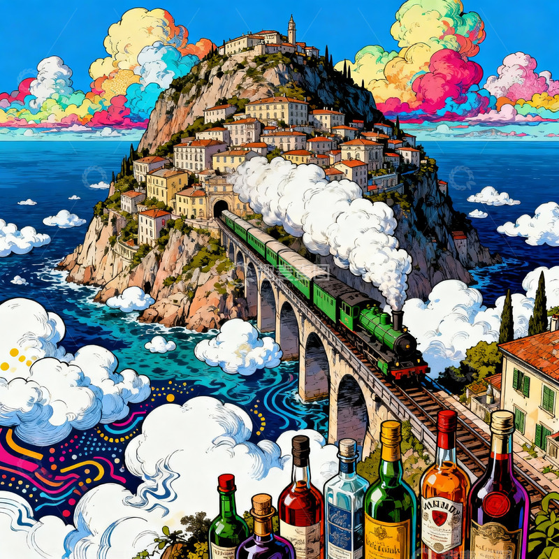 高清大图下载【趣麦麦图】山间小镇 蓝天白云 绿皮火车