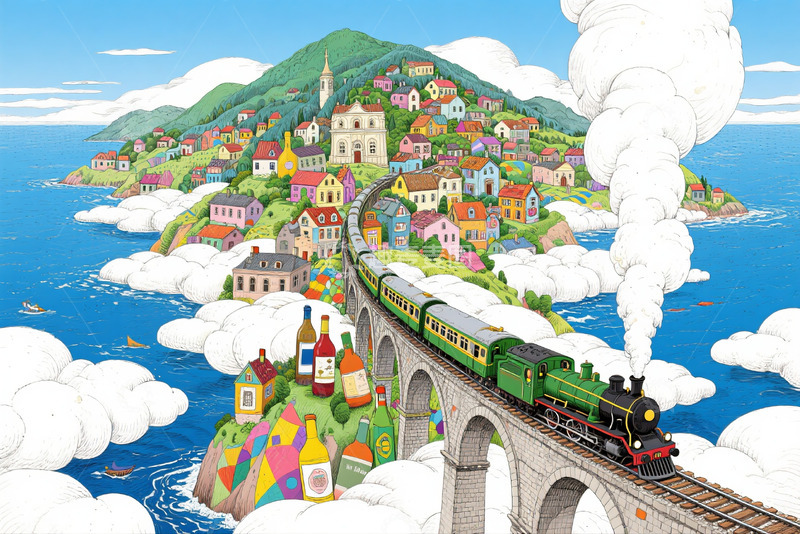 高清大图下载【趣麦麦图】山间小镇 蓝天白云 绿皮火车