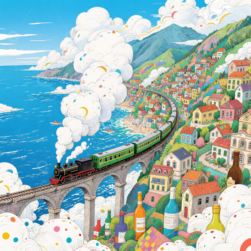 高清大图下载【趣麦麦图】山间小镇 蓝天白云 绿皮火车