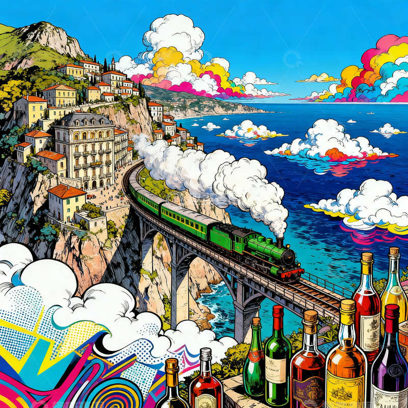 高清大图下载【趣麦麦图】山间小镇 蓝天白云 绿皮火车