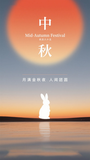 中秋月夜兔子剪影意境图