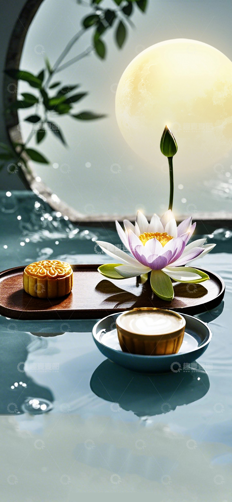 高清大图下载【趣麦麦图】中秋节荷塘夜色新中式场景