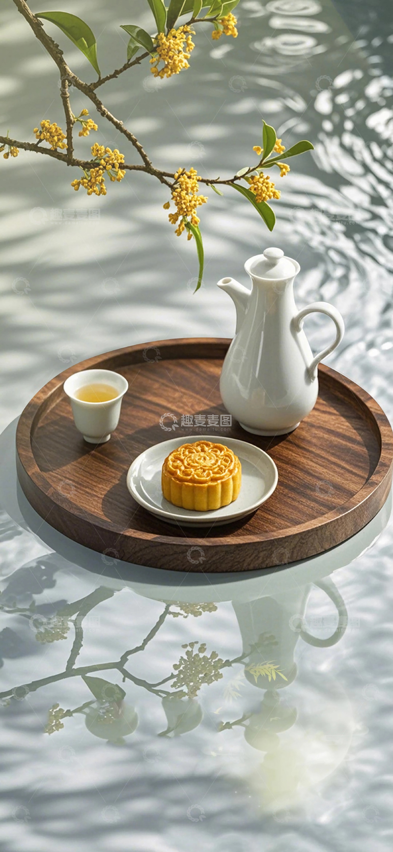 高清大图下载【趣麦麦图】中秋节新中式茶具月饼意境