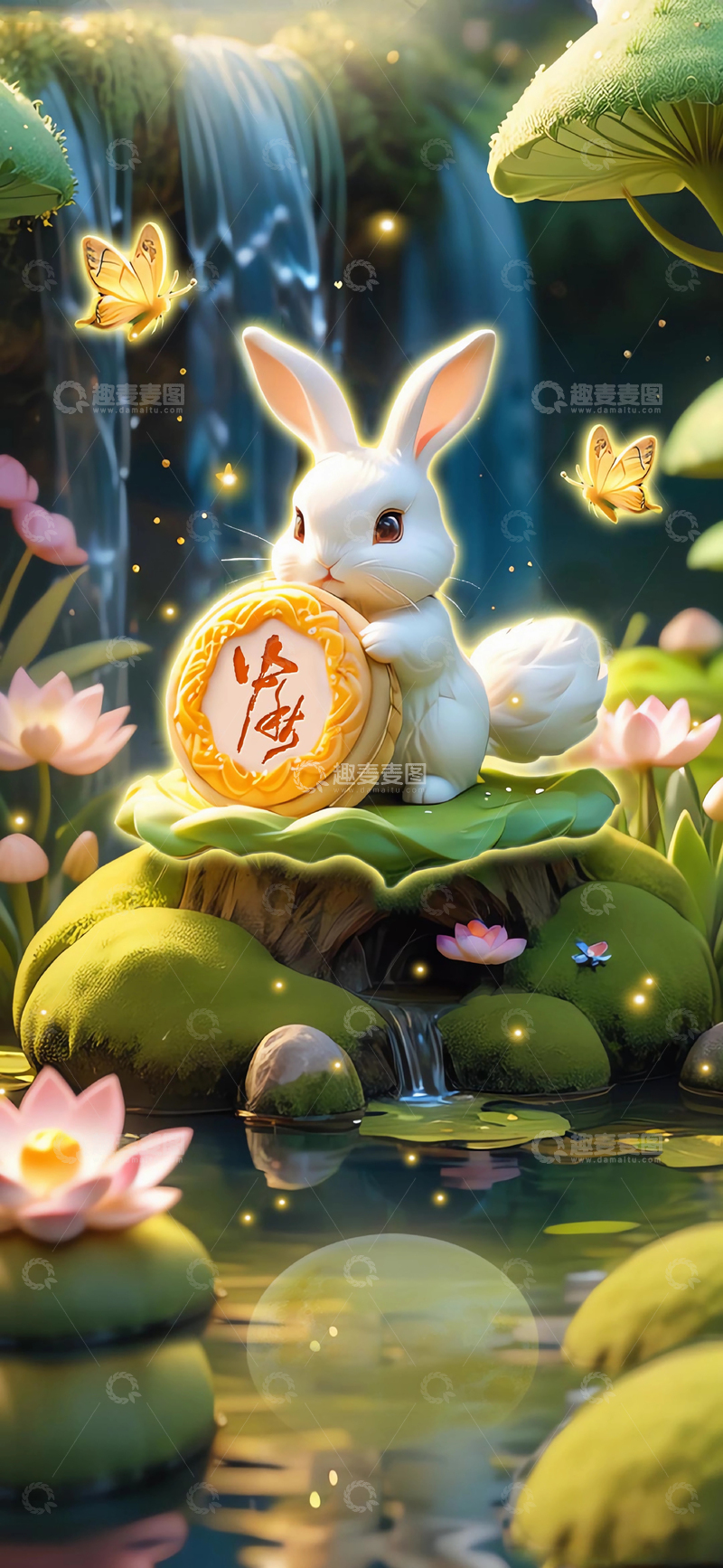 高清大图下载【趣麦麦图】中秋卡通兔子抱月饼