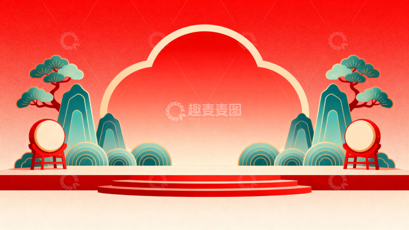 高清大图下载【趣麦麦图】国风红色节日舞台背景