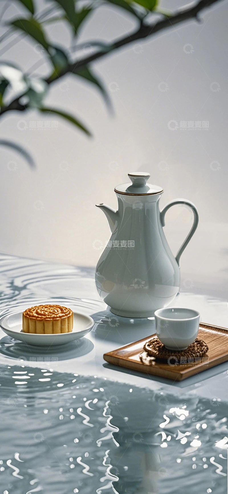 高清大图下载【趣麦麦图】-中秋节新中式茶具月饼意境