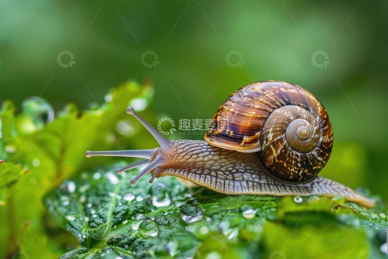 高清大图下载【趣麦麦图】树叶上爬行的蜗牛