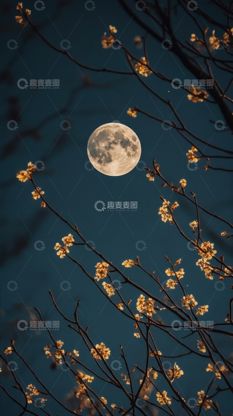 高清大图下载【趣麦麦图】夜晚月亮花枝自然美景