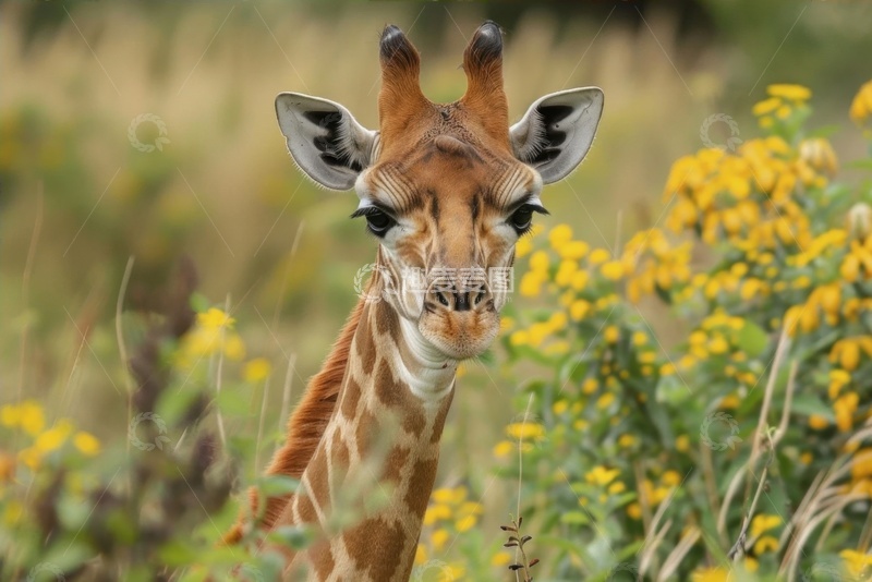 高清大图下载【趣麦麦图】花丛里的长颈鹿