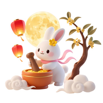 中秋玉兔捣年糕3D卡通素材
