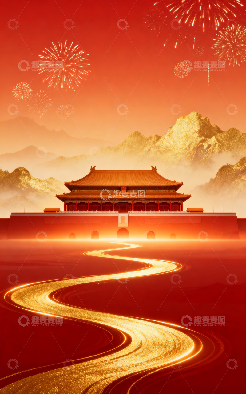 高清大图下载【趣麦麦图】国庆故宫红金烟花庆典背景图
