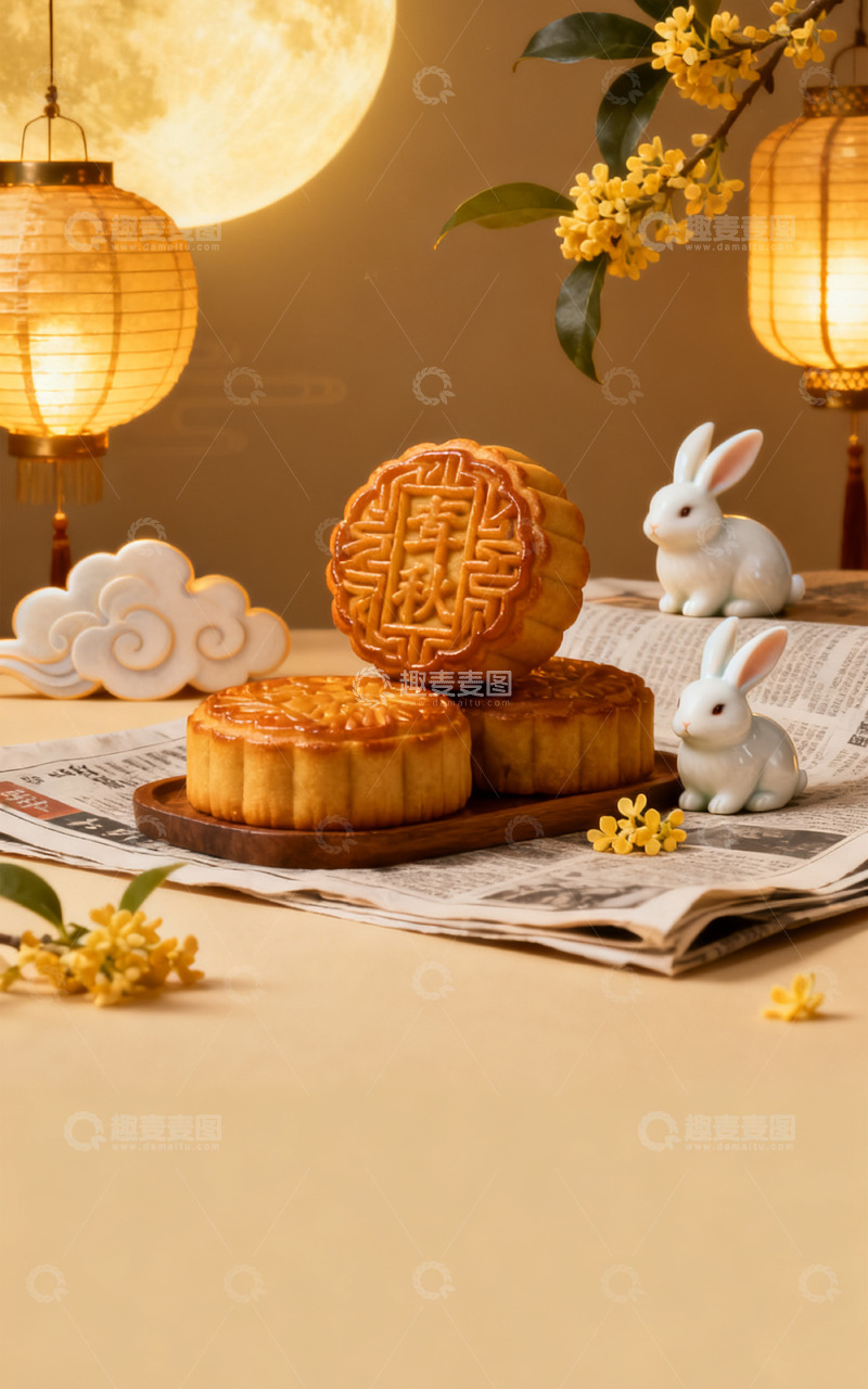 高清大图下载【趣麦麦图】中秋月饼玉兔圆月主题背景