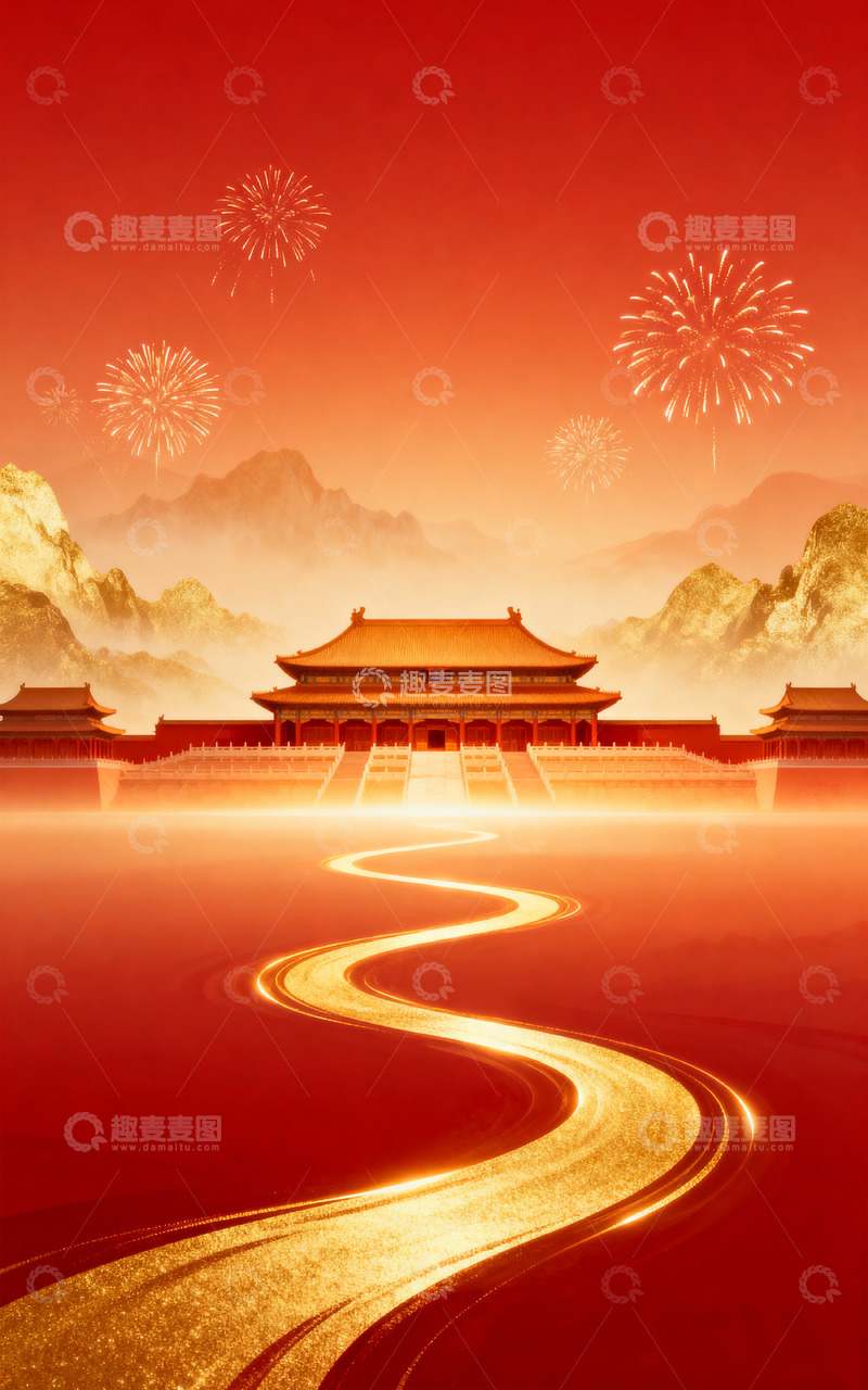 高清大图下载【趣麦麦图】国庆故宫红金烟花庆典背景图