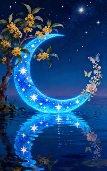 中秋星月蓝月桂花影梦幻月夜图